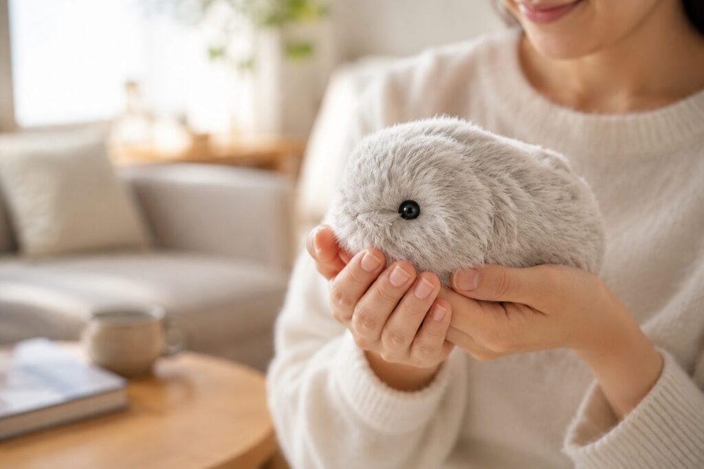 モフリンを両手でやさしく抱っこしている様子