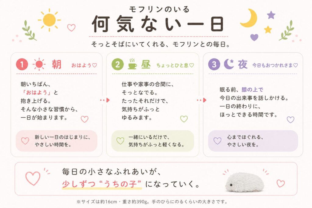 モフリンと過ごす朝・昼・夜の一日をまとめたイメージ図