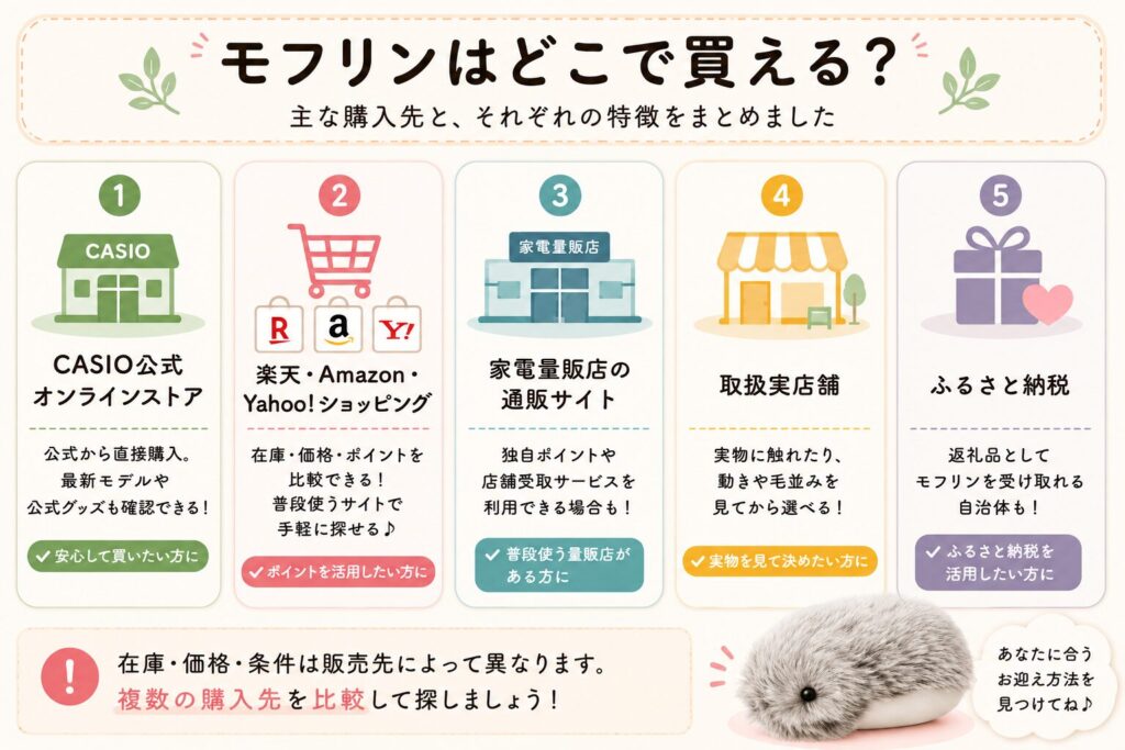 モフリンを購入できる公式ストア・通販・家電量販店・実店舗・ふるさと納税をまとめた図